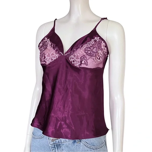 Vintage Y2K Maroon Purple Satin Cami Going Out Top Lace Small Fairycore Lingerie - Picture 2 of 9